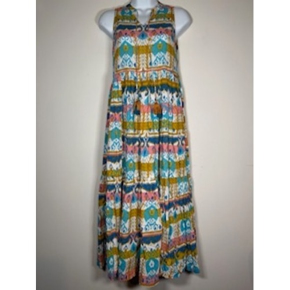 Sangria Dresses & Skirts - Sangria Maxi Dress S Multicolor Ikat Tiered Boho Tassel Cotton Summer Festival